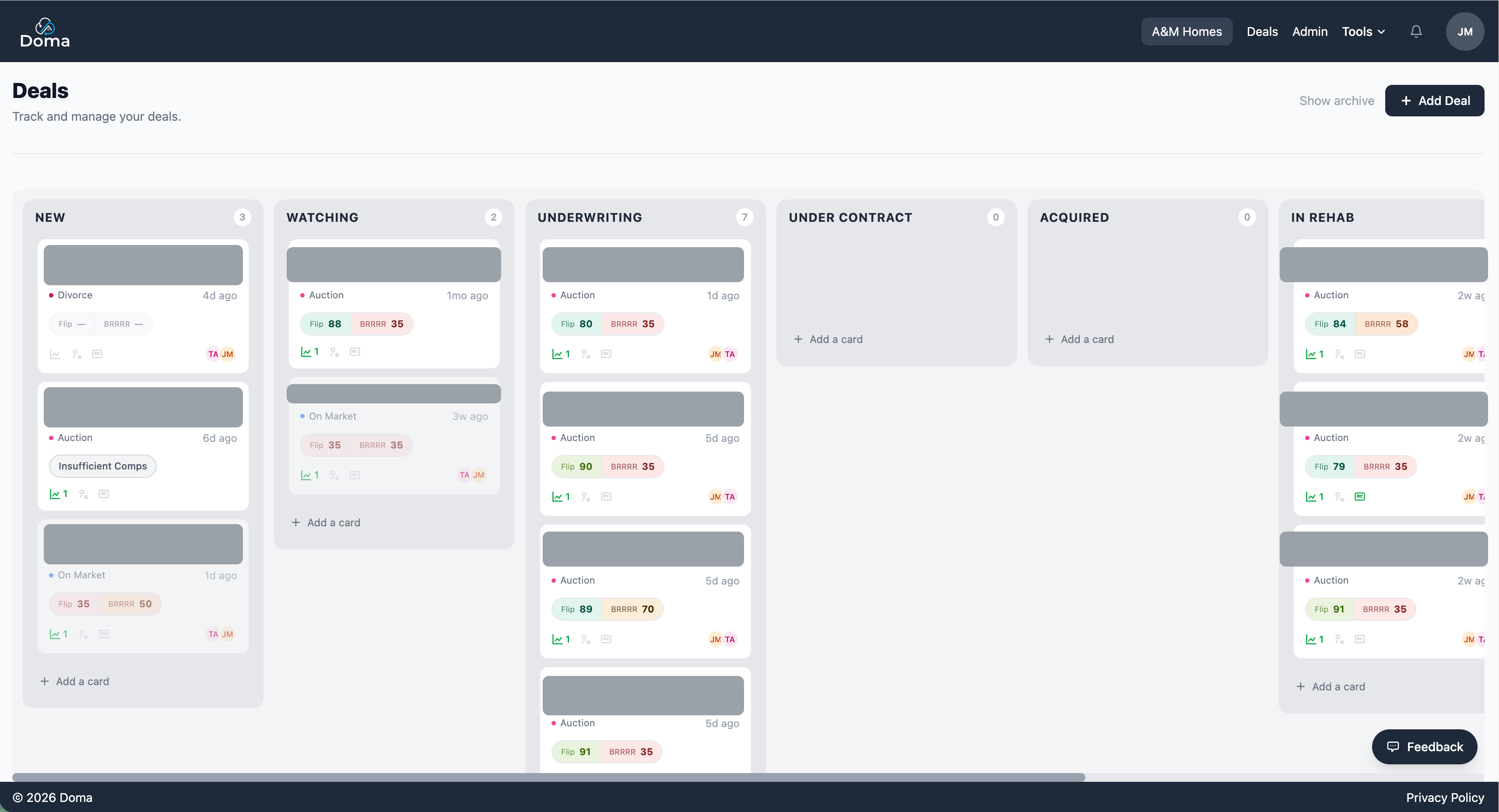 The Doma Deal Board kanban view, showing house-flip leads organized into New, Watching, Underwriting, and In Rehab columns, each card scored with Flip and BRRRR ratings.