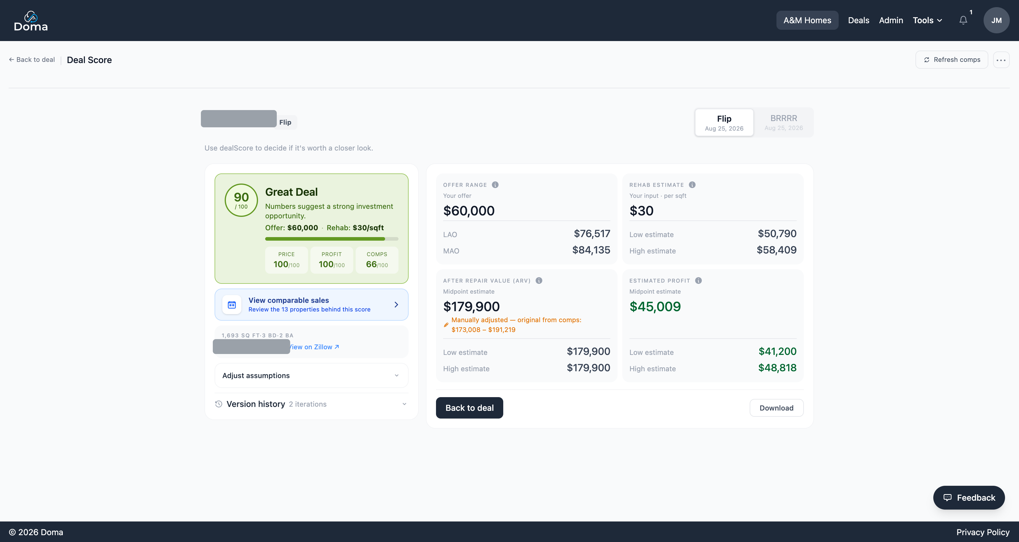 Deal Score result screen showing a 90/100 Great Deal rating with offer range, rehab estimate, ARV, and estimated profit