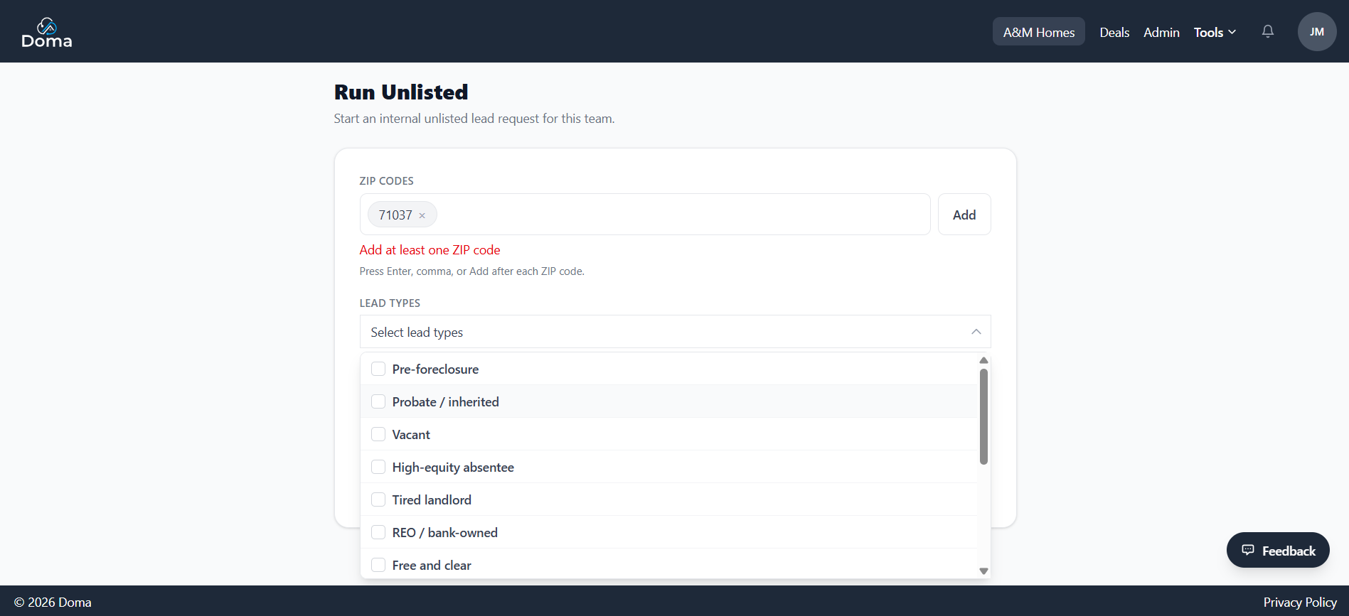 Run Unlisted configuration screen with ZIP codes and lead types like pre-foreclosure and probate/inherited